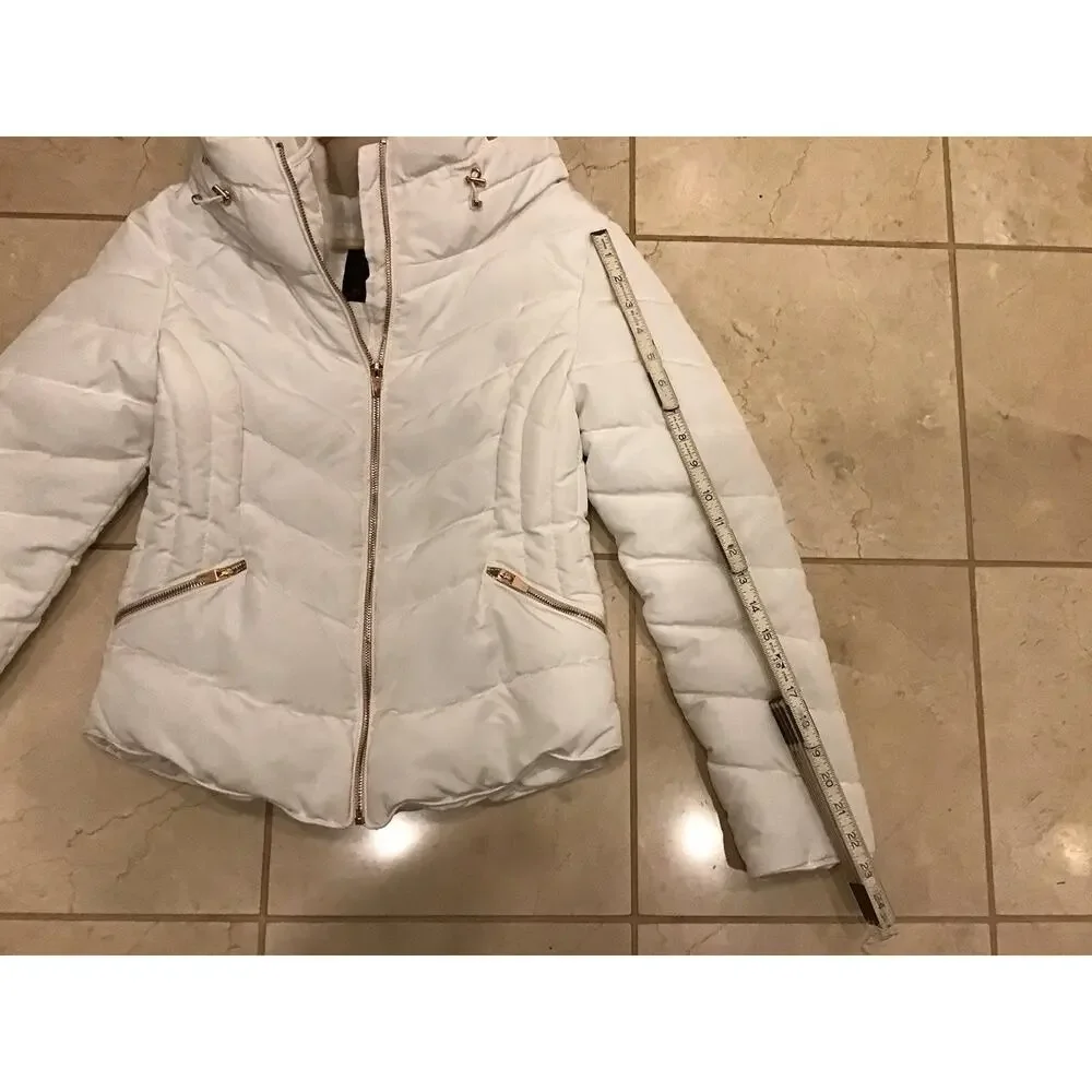 Zara Basic White Winter Coat Full Zip Women Sz M Rose Gold Tone W/Hide Away Hood